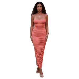 PrettyLittleThing Dress Womens US 2 Coral Ruched Bodycon Maxi Spaghetti Strap